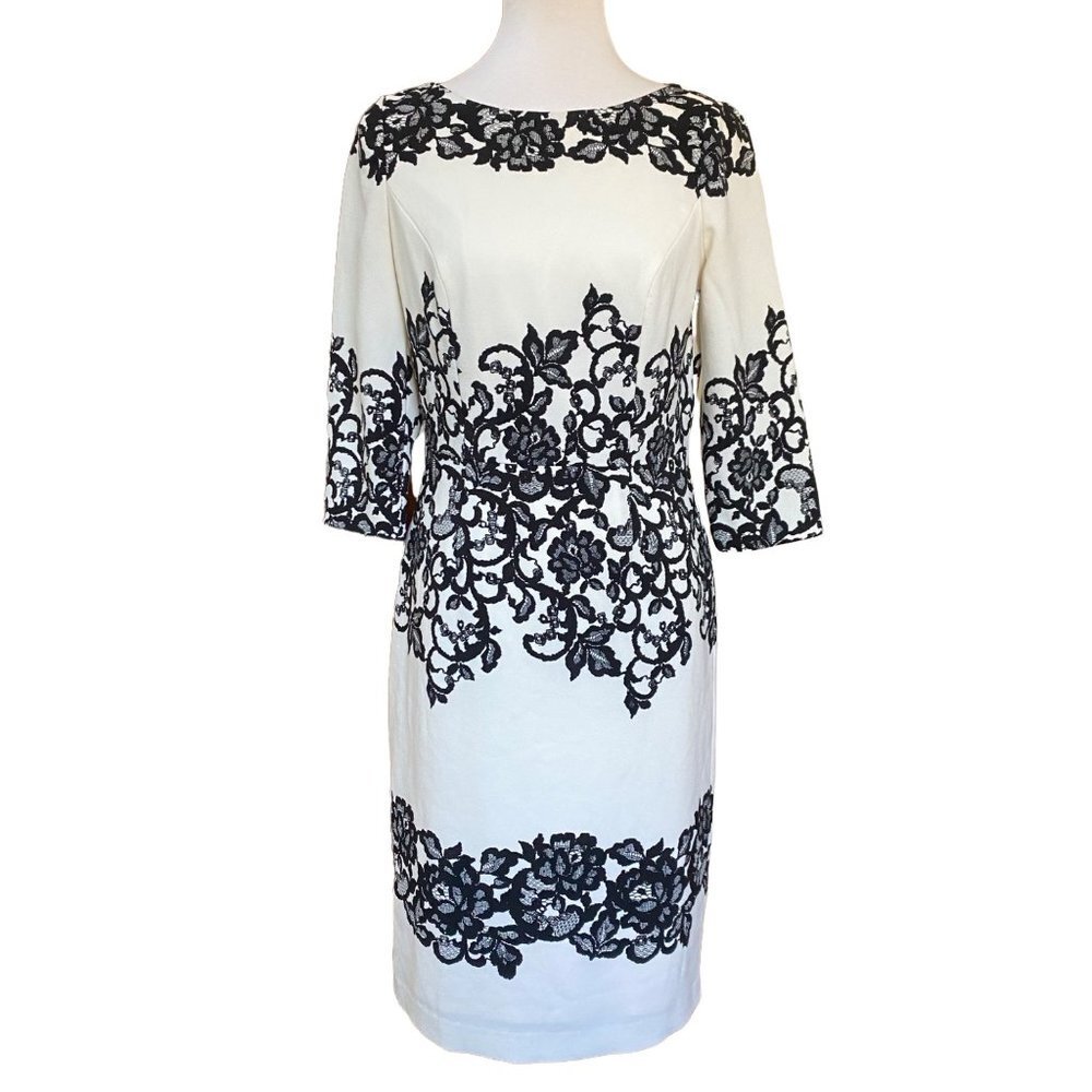 Adrianna Papell Womens Dress Size 8 Floral Lace 3/4 Sleeve Sheath Cocktail Party - Picture 1 of 12